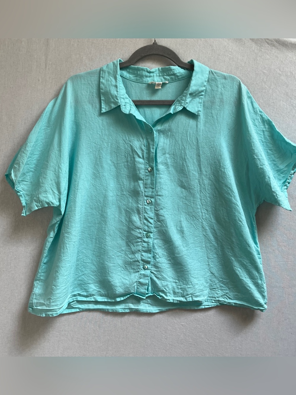 Eileen Fisher 100 Percent Organic Linen Short Sleeve Button Down Shirt Blue Sz M